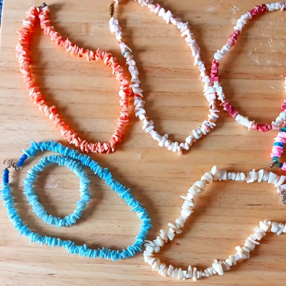 6 Beautiful Boho Blue Crush Vibe Shell Bead Necklaces & 1 Matching Bracelet